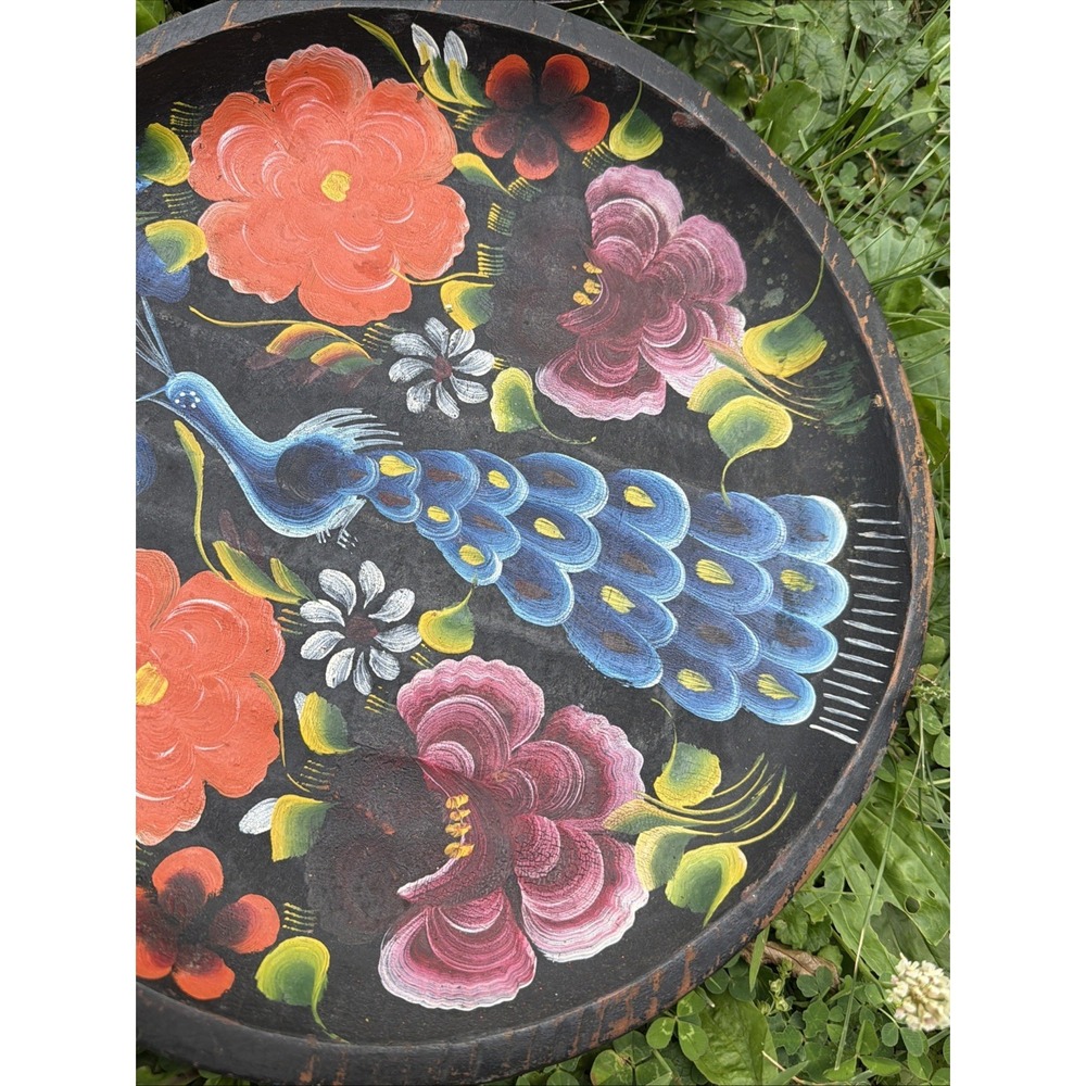 Vintage Mexican Hand-Painted Wooden Batea Bowl • Set Of 4 Peacocks Flowers - Picture 6 of 11